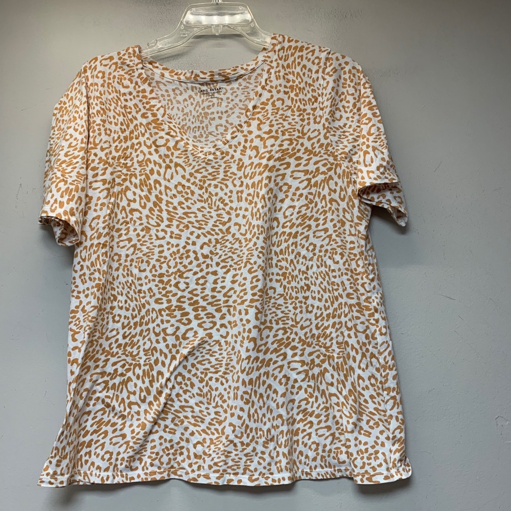 Lane Bryant Perfect Sleeve Tee Women 14/16 Tan Leopard Print Excellent V-Neck